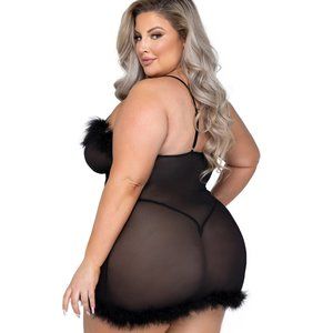 Plus Sized Chemise Lingerie - Sexy Queen Sized Mesh Babydoll - Marabou Lingerie